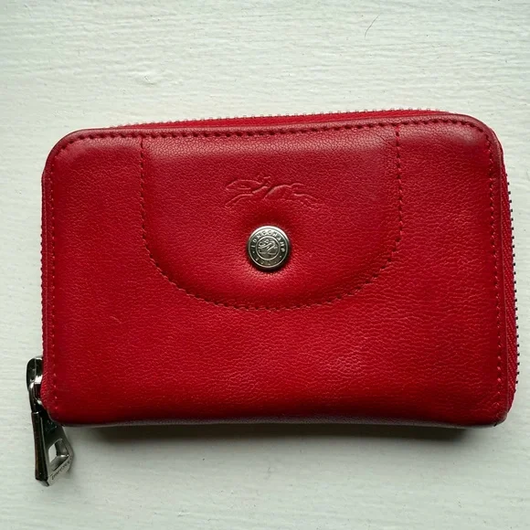 Longchamp Red Leather zip card case coin purse Wallet - Picture 2 of 9